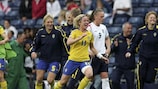Victoria Svensson leads the celebrations after Sweden's 2005 defeat of England