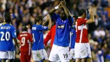 Jean-Claude Darcheville of Rangers salutes the crowd after Rangers' 2-1 win