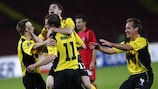 James Keene festeja o golo da vitória do Elfsborg em Bucareste