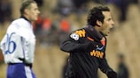 Ludovic Giuly shows his delight after scoring Roma's second goal in Kiev