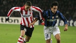 Inter's Francesco Bolzoni and Ibrahim Afellay vie for the ball in Eindhoven