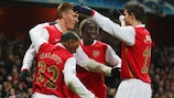 Nicklas Bendtner is congratulated after scoring Arsenal's second
