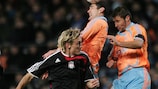 Lorik Cana beating Sami Hyypiä to the ball during Marseille's 4-0 loss to Liverpool last December