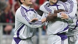 Serhat Akin (centre) is congratulated on his goal