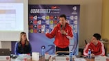 Jean-Luc Veuthey (centre), a member of the UEFA Anti-Doping Panel, speaks at the Women's Under-17s session