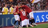 Roma celebrate in front of their fans