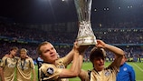 Andrei Arshavin (right) lifts the UEFA Cup trophy with Zenit team-mate Aleksandr Anyukov