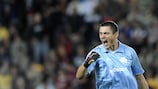 Panathinaikos goalkeeper Mario Galinović celebrates victory in Prague