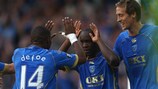 Lassana Diarra of Portsmouth celebrates with Jermain Defoe and Peter Crouch