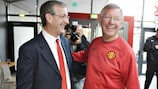 Bruce Rioch and Sir Alex Ferguson share a joke on the eve of their sides' game in Denmark
