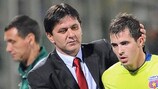 Steaua Bcoach Marius Lăcătuş (left) has encouraging words for Bogdan Stancu