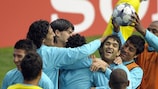 Porto players share a joke during Monday training