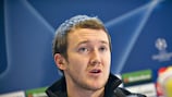 Aiden McGeady talks to the press ahead of Celtic's game with AaB