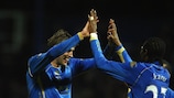 Peter Crouch and Nwankwo Kanu celebrate Portsmouth's second goal