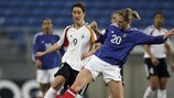 Birgit Prinz (left) challenges Corine Franco in France's defeat of Germany in the 2007 Algarve Cup