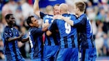 Os noruegueses do Stabæk IF comemoram um golo na Taça UEFA