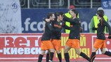 Valencia celebrate David Silva's goal against Dynamo Kyiv