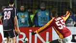 Galatasaray's Sabri Sarıoğlu (centre) scores his team's fourth goal against Bordeaux