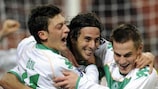 Claudio Pizarro (centre) celebrates scoring his decisive goal against Milan