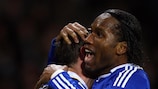 Didier Drogba (right) celebrates his goal with Frank Lampard