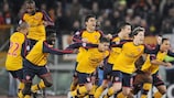 Arsenal celebrate after Max Tonetto's miss