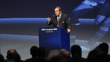 Michel Platini addresses the UEFA Congress in Copenhagen