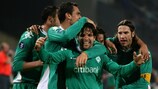 Diego is mobbed by his Bremen team-mates