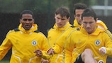 Florent Malouda (left) in training ahead of Chelsea's meeting with Barcelona