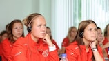 Switzerland players attend their anti-doping session in Minsk
