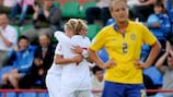Toni Duggan celebrates in Belarus with Isobel Christiansen as Sweden defender Josefine Alfsson stands dejected - a scene repeat in Vasteras