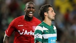 Sporting's João Moutinho reacts to his missed penalty against Twente