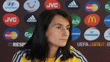 Olena Mazurenko takes questions from the media on the eve of the match against the Netherlands