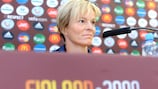 Vera Pauw addresses the media on the eve of the Netherlands' fixture against Ukraine