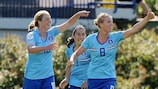 Karin Stevens (left) celebrates with Annemieke Kiesel-Griffioen (centre) and Kirsten van de Ven after putting the Netherlands 2-0 up