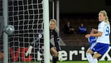 Denmark goalkeeper Heidi Johansen looks on in despair as Maija Saari opens the scoring