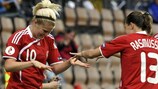 Denmark's Camilla Sand Andersen (left) celebrates her opening goal