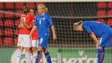 Margrét Lára Vidarsdóttir (right) shows her disappointment after the loss to France