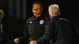 Hope Powell celebrates England's progress with assistant Brent Hills