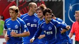 Dmitri Khokhlov (No8) celebrates a Premier-Liga goal with Dinamo