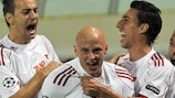 József Varga is congratulated by team-mates after giving Debrecen the lead over Levski