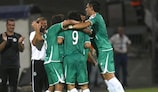 Haifa players celebrate Vladimer Dvalishvili's opening goal against Salzburg