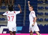Lille midfielder Stéphane Dumont celebrates scoring in a UEFA Europa League qualifier