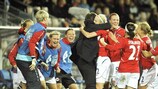 Norway coach Bjarne Berntsen hugs Cecilie Pedersen after the substitute made it 3-0