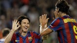 Zlatan Ibrahimović (right) congratulates Lionel Messi on scoring Barcelona's opener