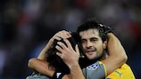 Dionisios Chiotis is congratulated after his clean sheet in Madrid