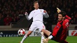 Lyon goalkeeper Hugo Lloris produces a fine save to deny Lucas