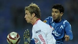 Levski's Youssef Rabeh (right) challenges Marc Janko