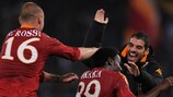 Stefano Okaka Chuka celebrates scoring Roma's winner against Fulham