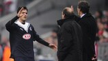 Yoann Gourcuff (left) is congratulated by Laurent Blanc after scoring against Bayern
