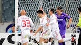 Debrecen celebrate scoring against Fiorentina in the group stage last term